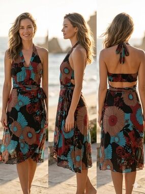 Boho- Chic Floral Halter Wrap Dress